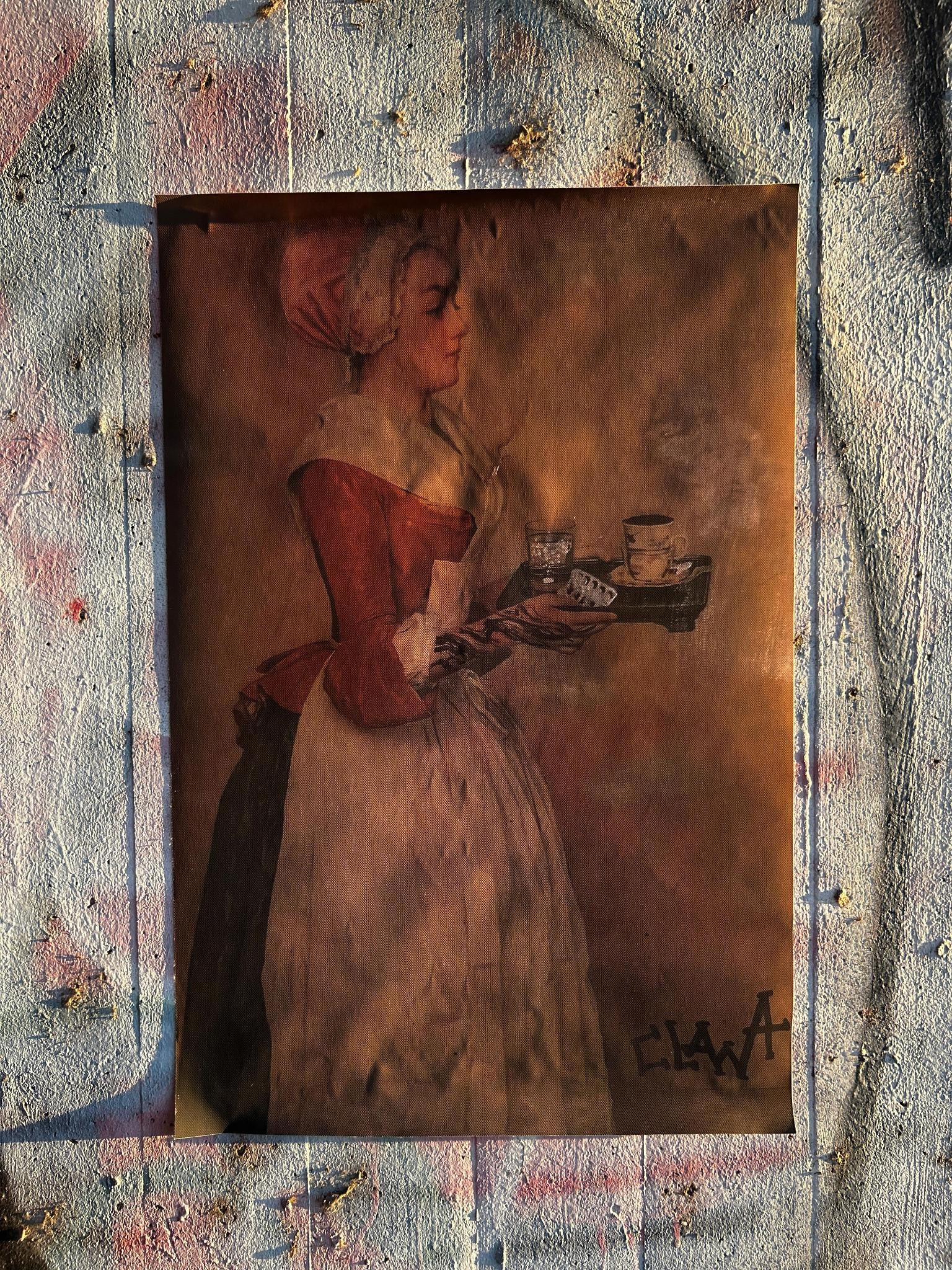 Painting of a woman in historical dress carrying a tea tray